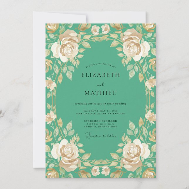 Convites Casamento Verde-Água com Folhas e Champanhe (Frente)