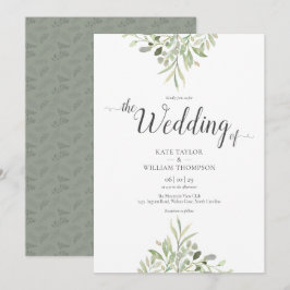 Convites Casamento Verde Água Folhagem Script