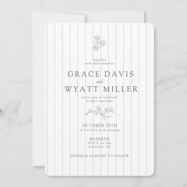 Convites Casamento Verde-Azeitona Clássico de Stripe Elegan (Frente)