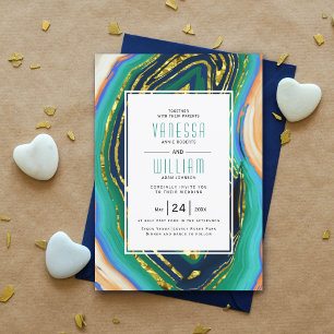 Convites Casamento verde, azul, pêssego, dourado.