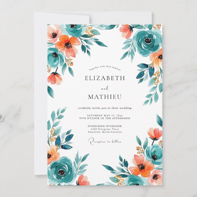 Convites Casamento Verde-azulado e Exuberante de Primavera (Frente)