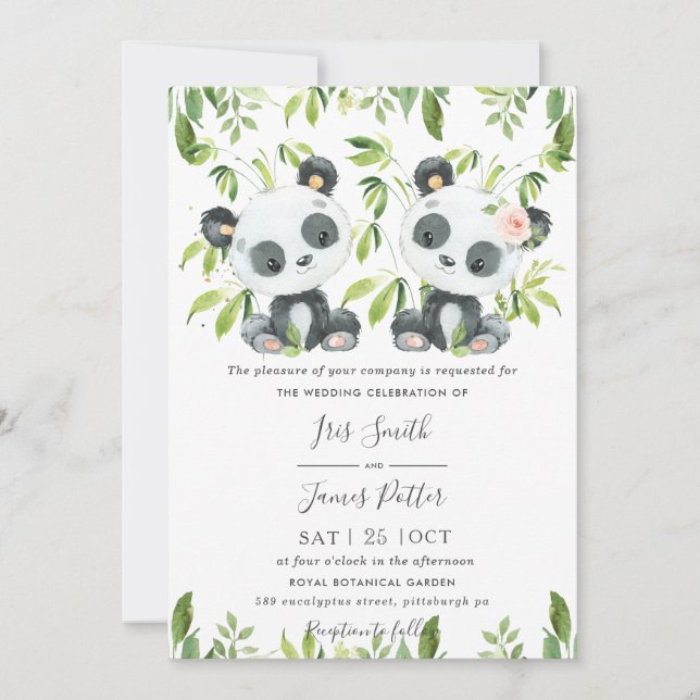 Convites Casamento Verde Bamboo Verde Pandas (Frente)
