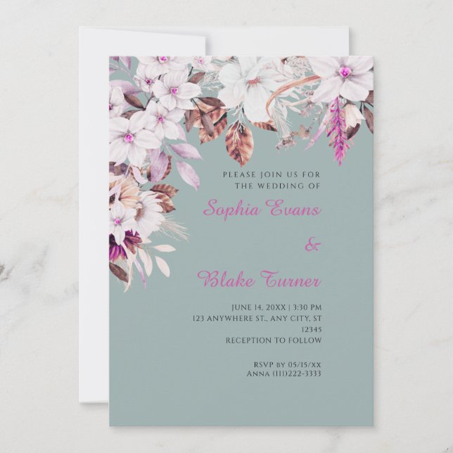 Convites Casamento Verde Boho Branco e Rosa Floral Outono (Frente)