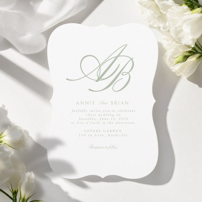 Convites Casamento Verde Branco Monograma Elegante (Elegant Monogram White  Sage Green Wedding Invitation)