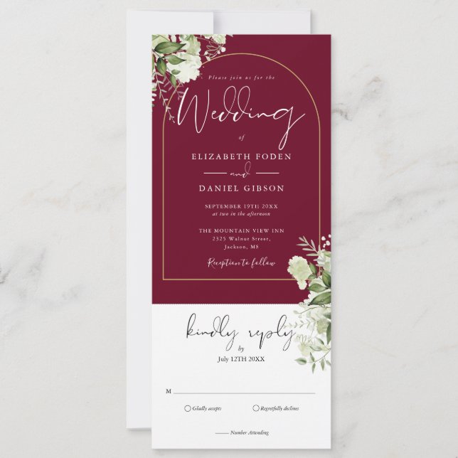 Convites Casamento Verde Burgundy Dourado Arco Tudo Em Um (Frente)