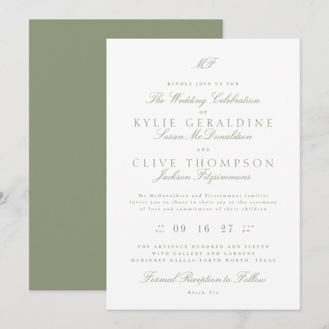 Convites Casamento verde clássico do monograma tradicional (Frente/Verso)