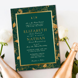 Convites Casamento Verde Clássico e Folhagem Dourada