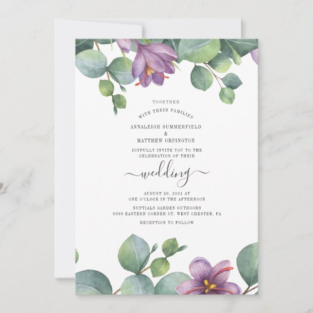 Convites Casamento Verde com Aquarela de Eucalipto (Frente)