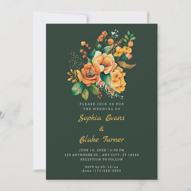 Convites Casamento Verde Com Buquê Floral Laranja E Verde (Frente)