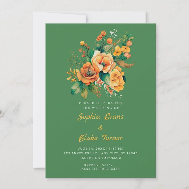 Convites Casamento Verde Com Buquê Floral Laranja E Verde (Frente)