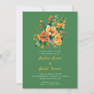 Convites Casamento Verde Com Buquê Floral Laranja E Verde