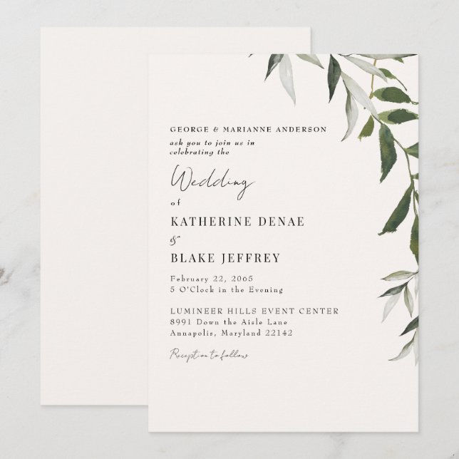 Convites Casamento Verde com Champanhe Claro (Frente/Verso)