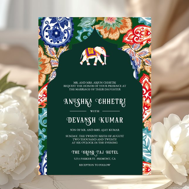 Convites Casamento Verde com Elefante Folk Indiano (Criador carregado)