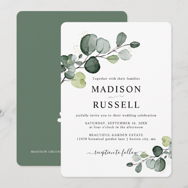 Convites Casamento Verde com Eucalipto Dourado (Frente/Verso)