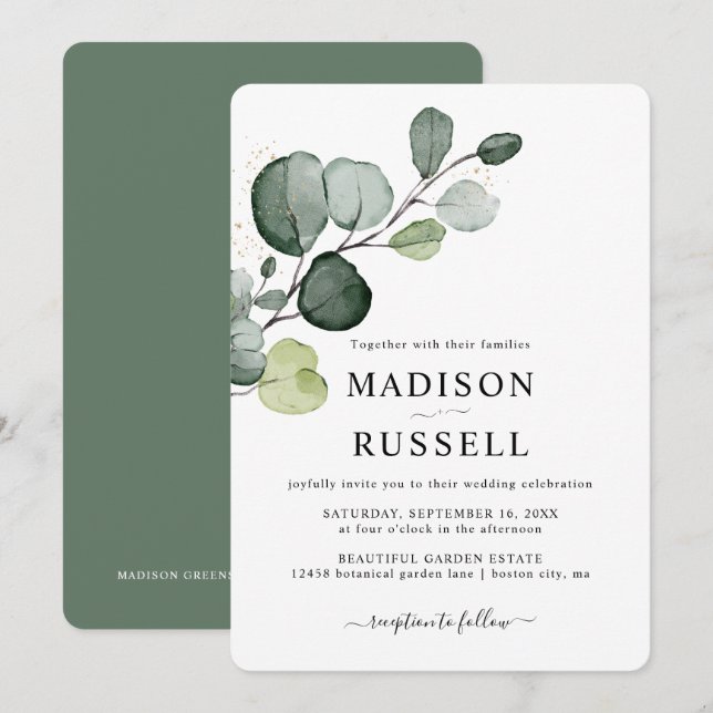Convites Casamento Verde com Eucalipto Dourado (Frente/Verso)