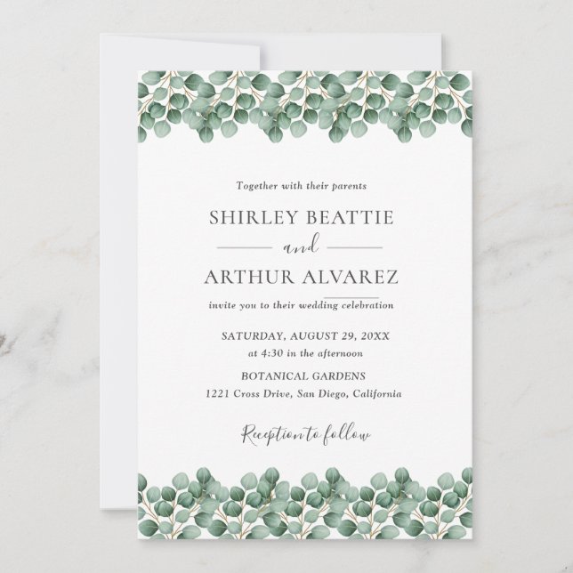 Convites Casamento Verde com Eucalipto Elegante (Frente)