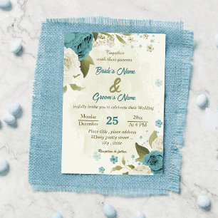 Convites casamento verde com flores brancas azuis