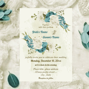 Convites casamento verde com flores brancas azuis