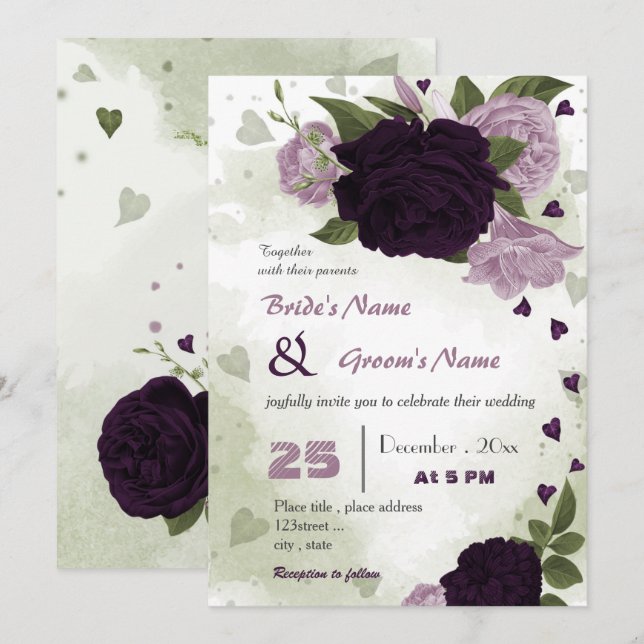 Convites casamento verde com flores roxas escuras e claras (Frente/Verso)