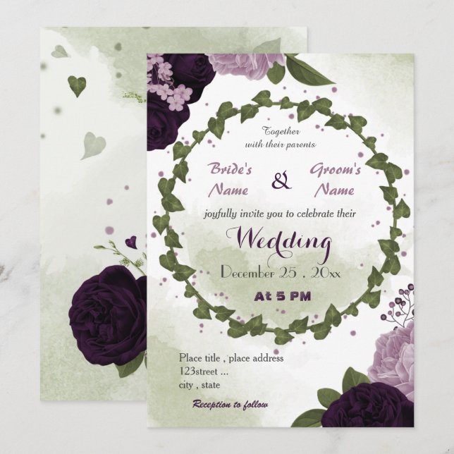 Convites casamento verde com flores roxas escuras e claras (Frente/Verso)