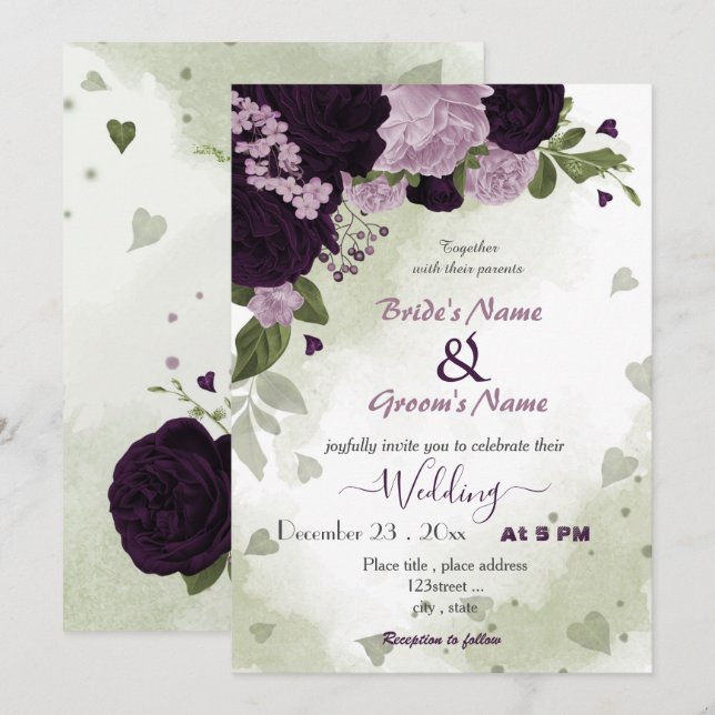 Convites casamento verde com flores roxas escuras e claras (Frente/Verso)