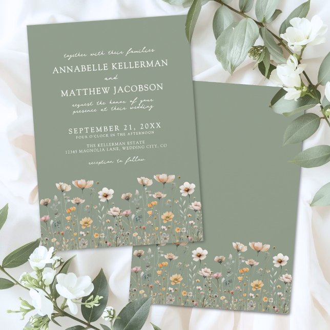 Convites Casamento Verde com Flores Silvestres (Wildflower Floral Green Wedding Invitation)