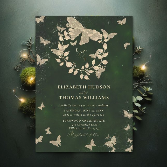 Convites Casamento Verde com Florestas Encantadas Borboleta (Enchanted Forest Hunter Green Greenery Crest Butterflies Gold Modern Calligraphy Wedding Invitation)