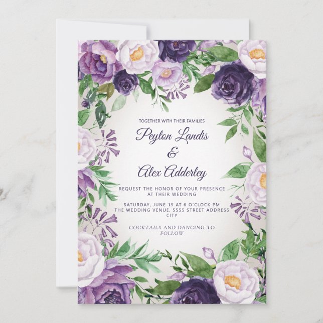 Convites Casamento Verde com Lavanda Roxa Elegante   (Frente)