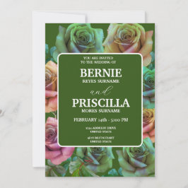 Convites Casamento Verde Com Rosas Elegantes E Texto Branco