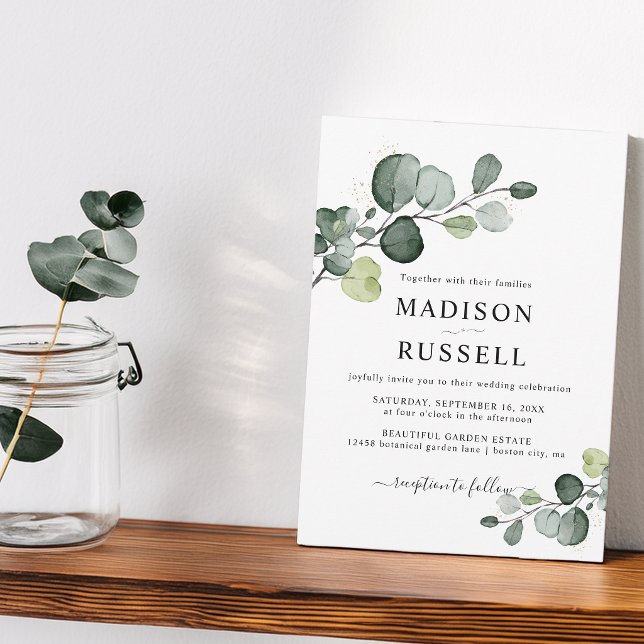 Convites Casamento Verde com Salpico de Eucalipto Dourado (Eucalyptus Gold Splatter Greenery Wedding Invitation)