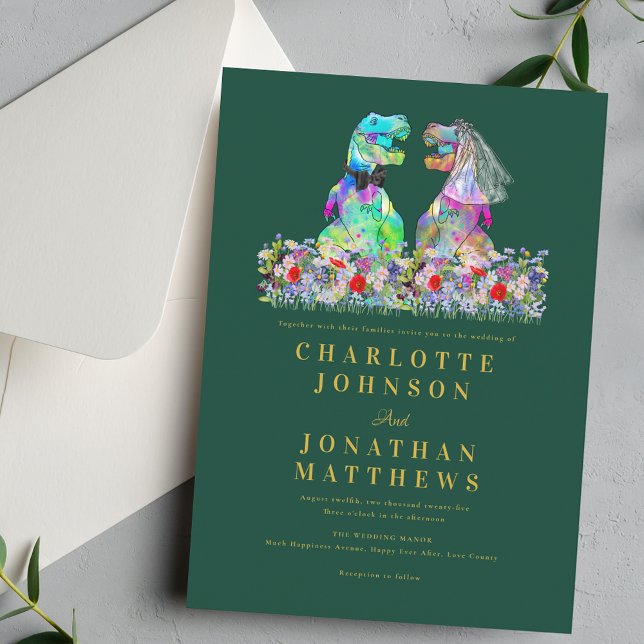 Convites Casamento Verde com Tema de Dinossauro e Flores Si (Colorful Dinosaur boho wildflower green and gold wedding invitation Fun T-Rex bride & Groom dino)