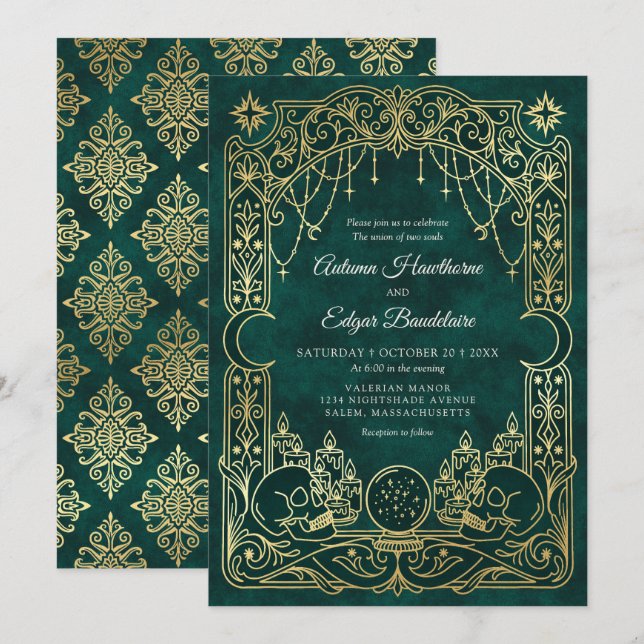 Convites Casamento Verde da Bruxa do Tarot Gótico (Frente/Verso)
