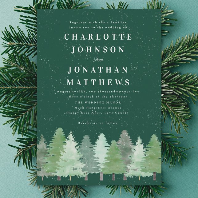 Convites Casamento Verde da Floresta de Inverno Elegante Mo (Modern Winter woodland green wedding invitation Minimalist watercolor fir tree pine forest snow )