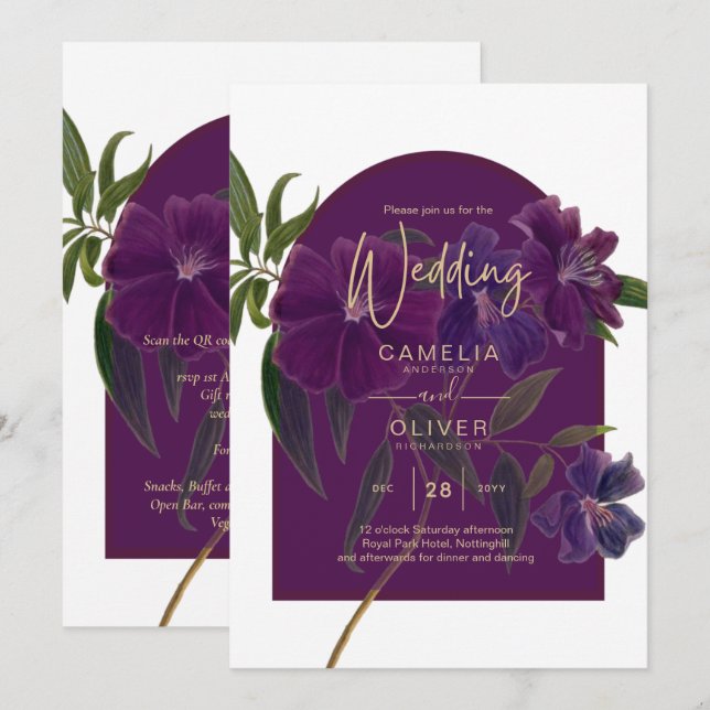 Convites Casamento Verde da Floresta Floral de Plum Purple (Frente/Verso)