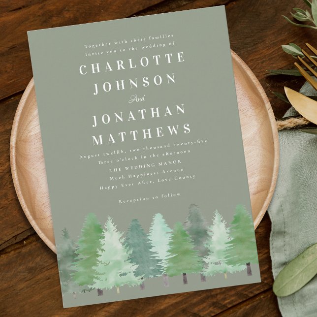 Convites Casamento Verde da Floresta Florestal Moderna (Modern watercolor Woodland forest sage green wedding qr code invitation Elegant typography )