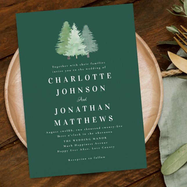 Convites Casamento Verde da Floresta Solar Simples (Modern simple woodland forest elegant green wedding invitation Watercolor evergreen pine fir trees)