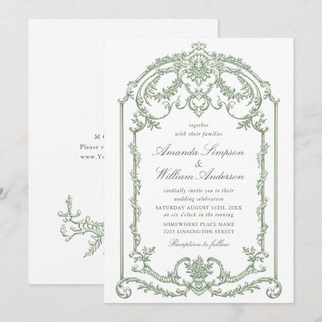 Convites Casamento Verde da Ornamentado Vitoriana Grace Flo (Frente/Verso)
