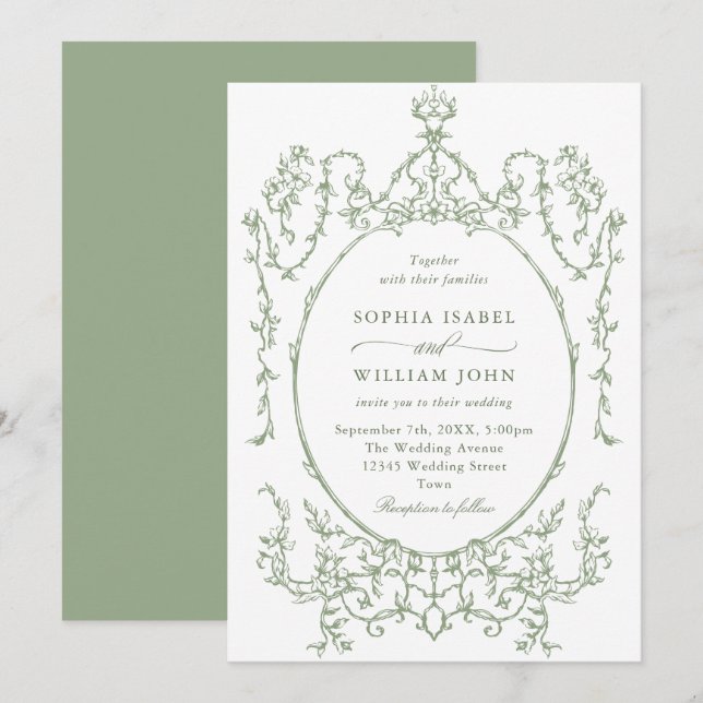 Convites Casamento Verde da Ornamentado Vitoriana Grace Flo (Frente/Verso)