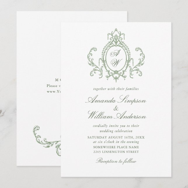 Convites Casamento Verde da Ornamentado Vitoriana Grace Flo (Frente/Verso)