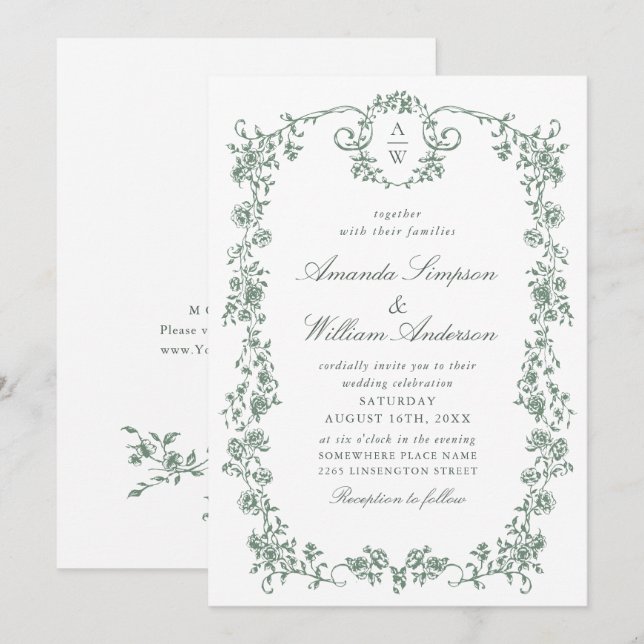 Convites Casamento Verde da Ornamentado Vitoriana Grace Flo (Frente/Verso)
