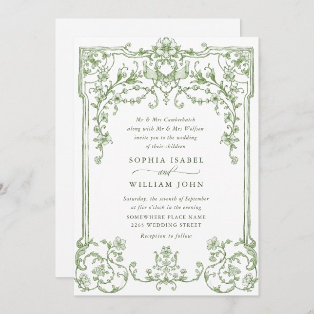 Convites Casamento Verde da Ornamentado Vitoriana Grace Flo (Frente/Verso)
