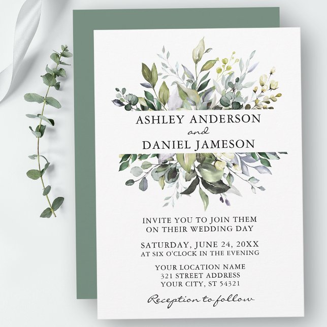 Convites Casamento Verde De Aquarela De Greenery Botânico S (Customize to change text color, style, add text & photos to back or change color of back of card.)