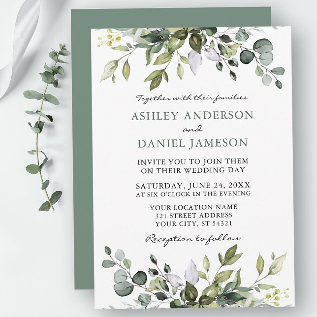 Convites Casamento Verde De Aquarela De Greenery Botânico S (Customize to change text color, style, add text & photos to back or change color of back of card.)