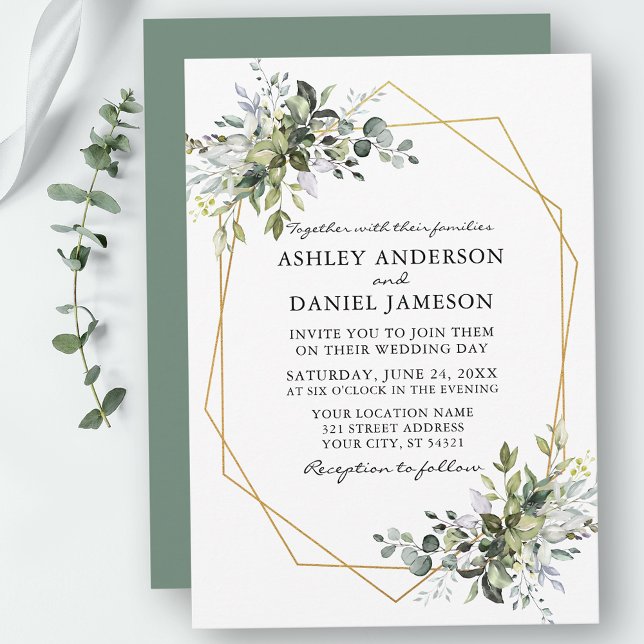 Convites Casamento Verde de Aquarela Verde Geométrico Sage (Customize to change text color, style, add text & photos to back or change color of back of card.)