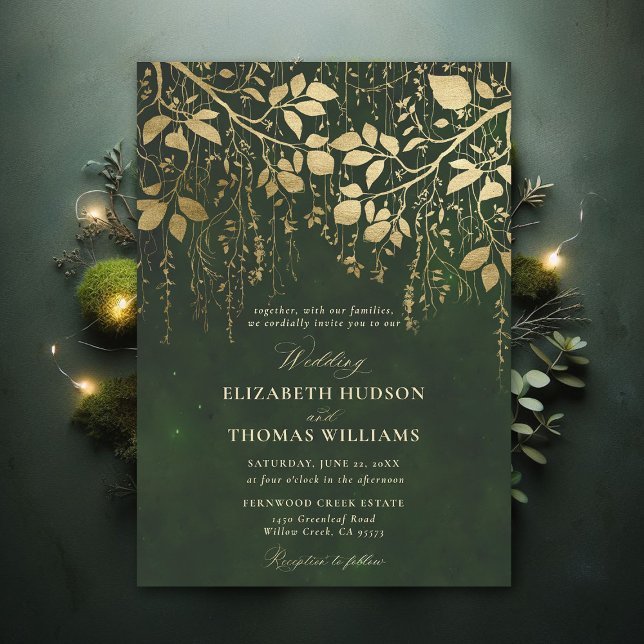 Convites Casamento Verde De Caçador De Folhas Douradas De F (Enchanted Forest Hunter Green Draped Greenery Modern Calligraphy Elegant Formal Wedding Invitation)