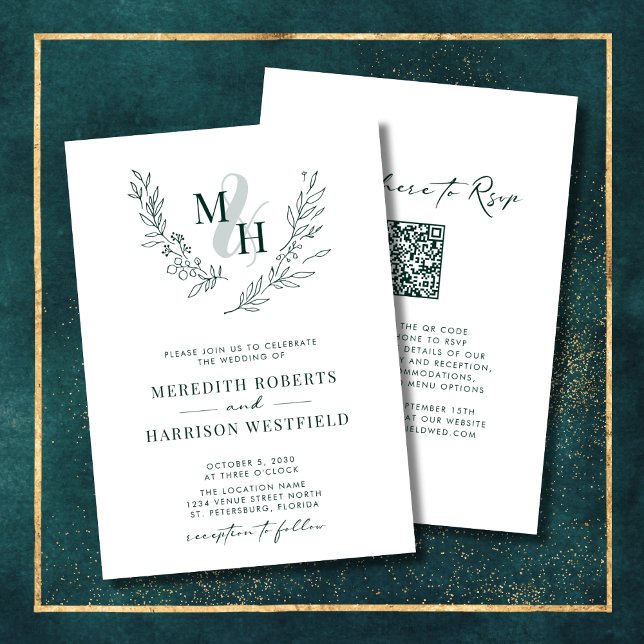 Convites Casamento Verde de Esmeralda de Monograma (Elegant Monogram Laurel Wreath Emerald Green QR Code Double Sided Wedding Invitation)