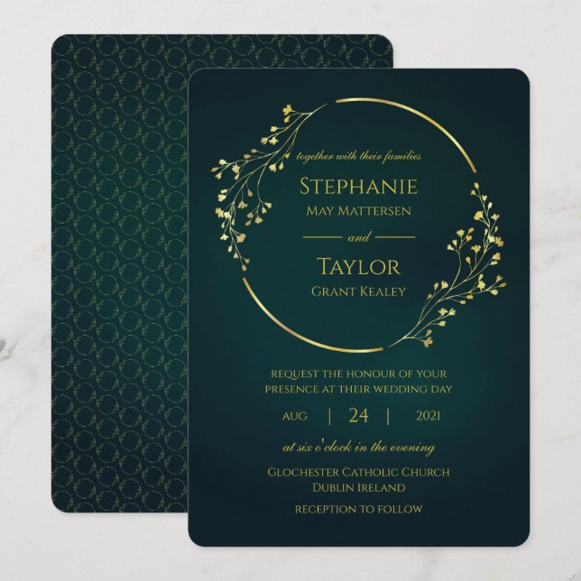 Convites Casamento Verde de Eucalyptus Dourado moderno (Frente/Verso)