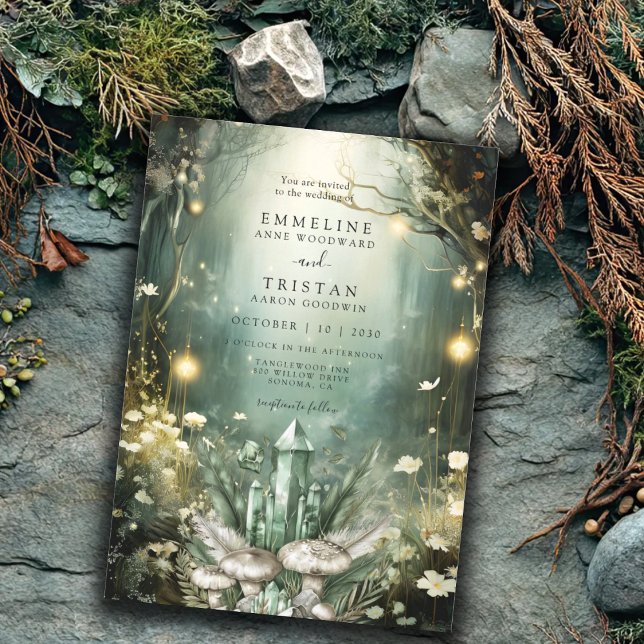 Convites Casamento Verde de Floresta Cristal Encantada (Criador carregado)