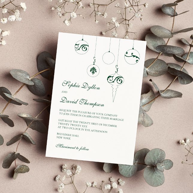 Convites Casamento Verde de inverno em Bauble Ornaments (Christmas Wedding Bauble - Winter Green Wedding Invitation)
