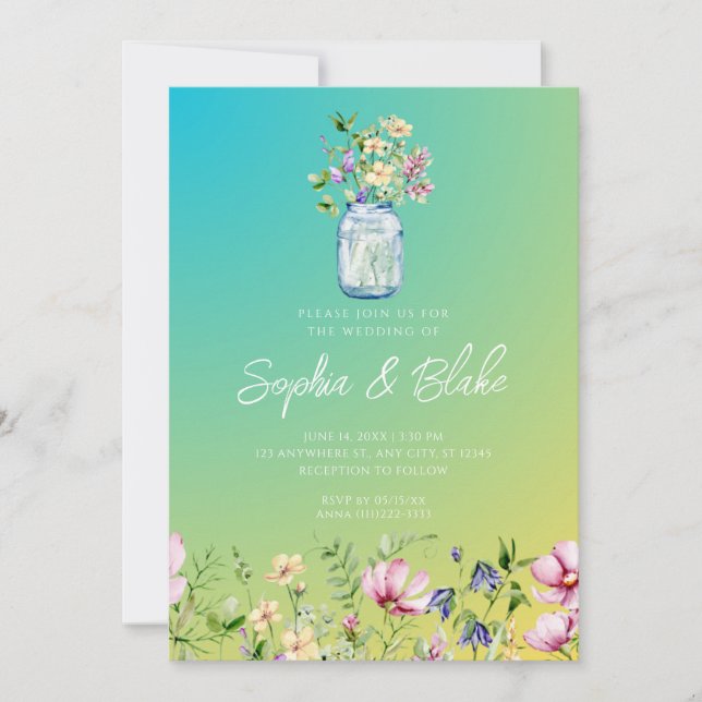 Convites Casamento Verde de Ombre Russo de Mason Jar Wildfl (Frente)